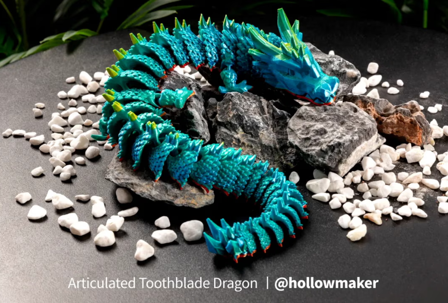 Articulated Toothblade Dragon, a popular print-in-place 3D printed fidget toy with flexible joints.