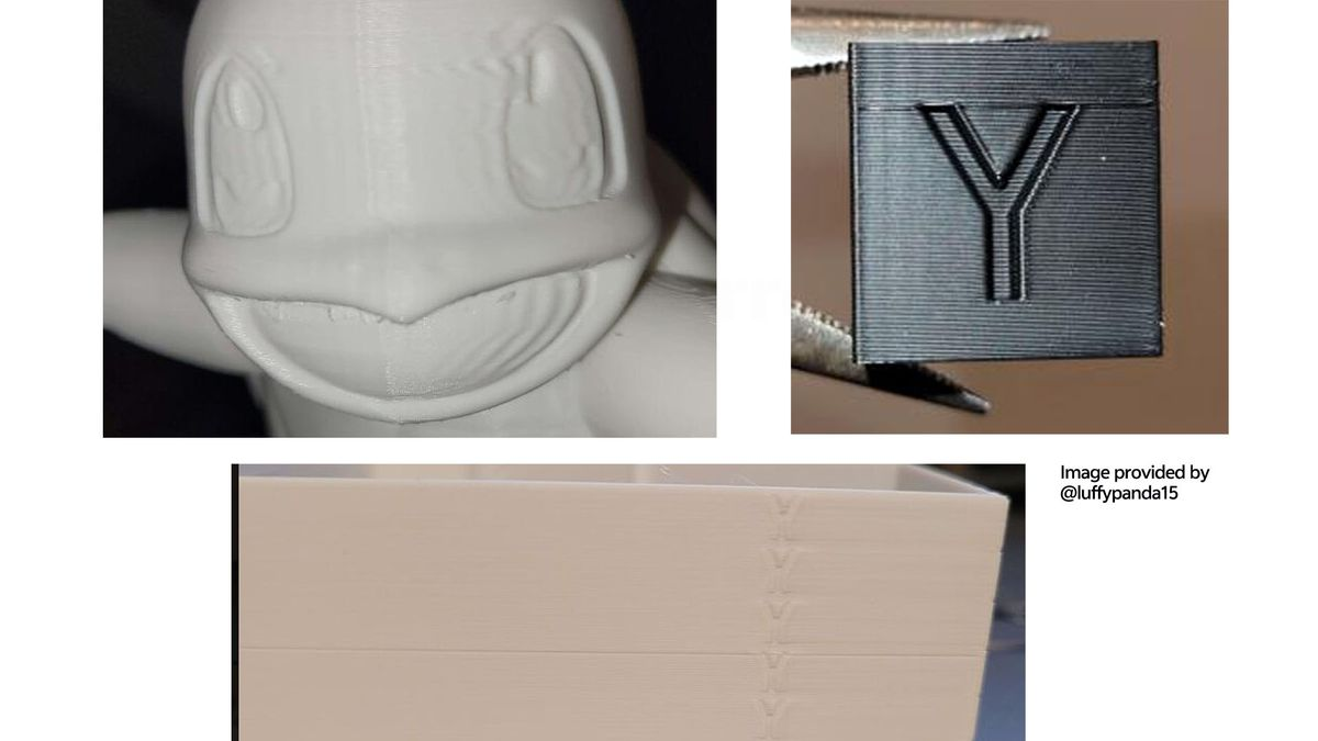 Comparison of multiple 3D printed samples showing ghosting and ringing printing defects.