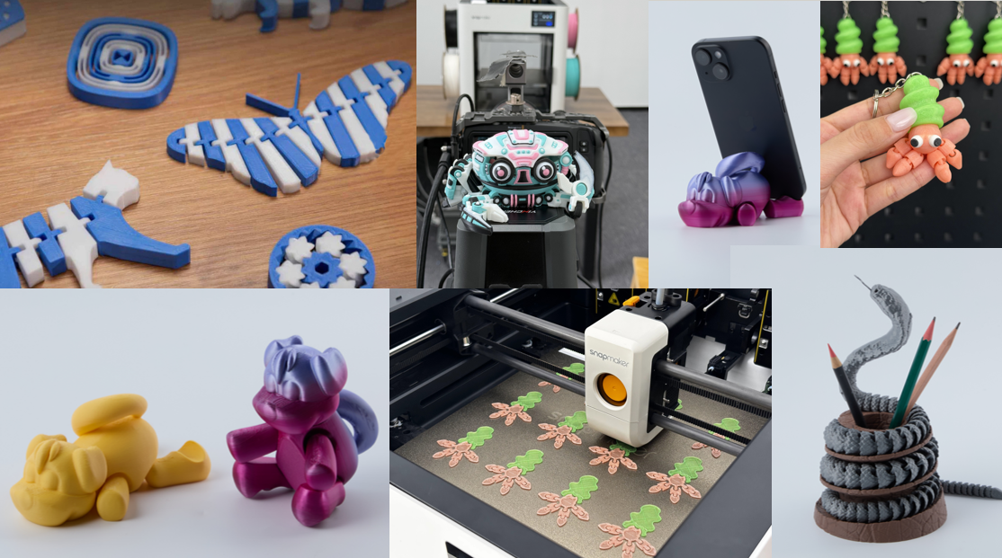 Collection of functional print-in-place 3D prints made on Snapmaker U1, featuring articulated hinges in butterflies, animals, and everyday items.