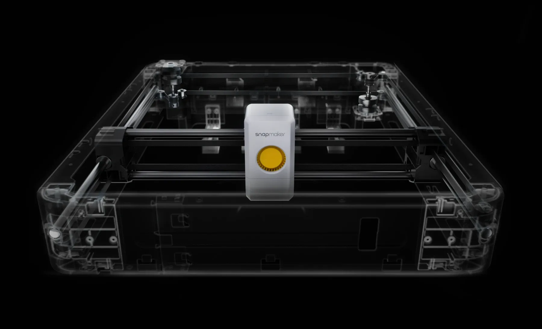 Transparent X-ray view of a Snapmaker modular machine, showing the internal linear rails with stainless steel protective bands.