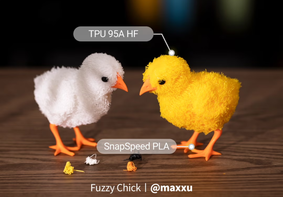 Two 3D printed fuzzy chicks labeled to show the use of flexible TPU for the fluffy body and rigid PLA for the beak and feet.