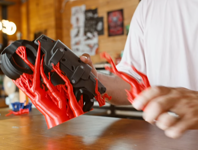 A person manually breaks away red 3D-printed tree supports from a black mechanical part during the first step of the post-processing workflow.