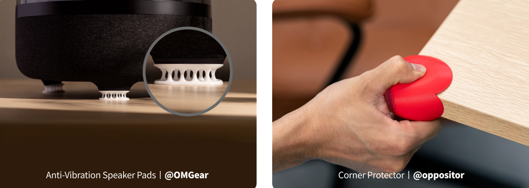 Two practical applications of shock-absorbing flexible filament are shown, featuring white anti-vibration pads supporting a speaker and a hand squeezing a soft red corner protector on a desk.