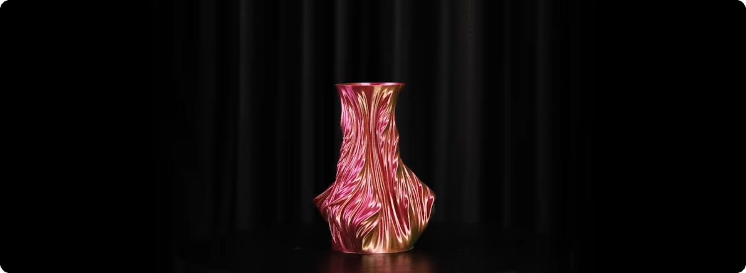 An abstract vase printed using silk-textured filament, featuring a twisted pattern that resembles silk.