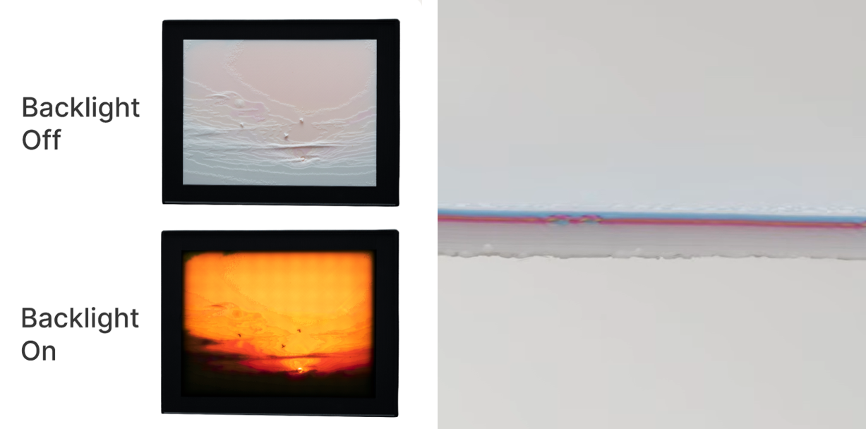Comparison of a 3D printed lithophane with backlighting on and off, alongside a cross-sectional close-up showing the layered CMYK filament structure.
