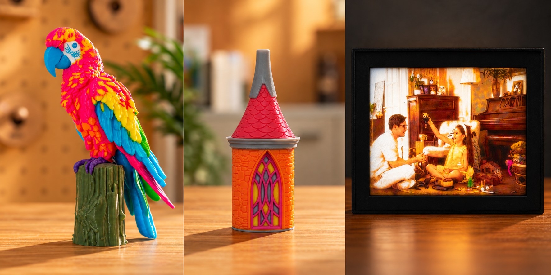 A colorful printed macaw, a printed castle tower, and an illuminated color lithophane shown side by side.