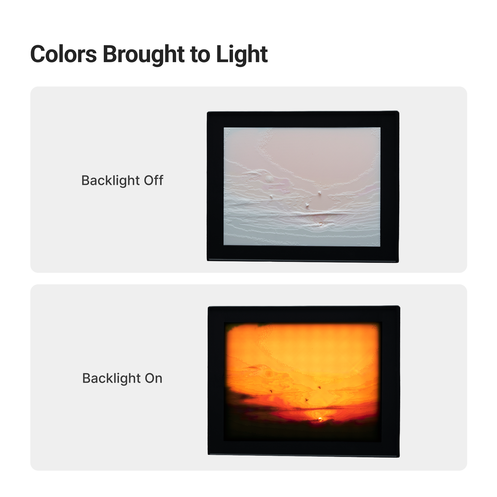 The same sunset lithophane appears pale with the backlight off and glows orange with the backlight on.