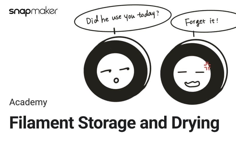 A cartoon illustration of two 3D printing filament spools with faces, one asking "Did he use you today?" and the other responding "Forget it!" with a red mark on its face.