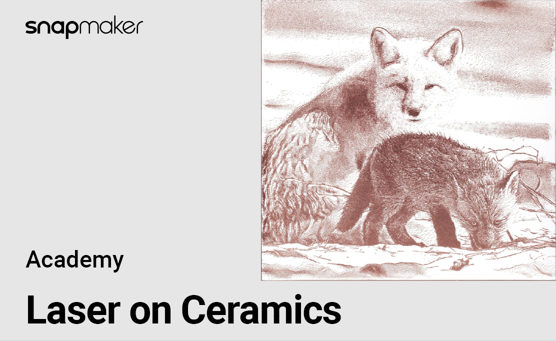 A laser-engraved image of a fox and a smaller animal, possibly a cub, on a white background. The image is light brown and sketch-like.