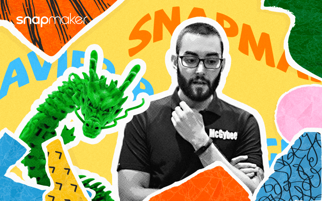 A graphic featuring Javier Rodríguez, the designer of the articulated dragon, in black and white against a vibrant, abstract background with "Snapmaker" text and a green 3D printed dragon.