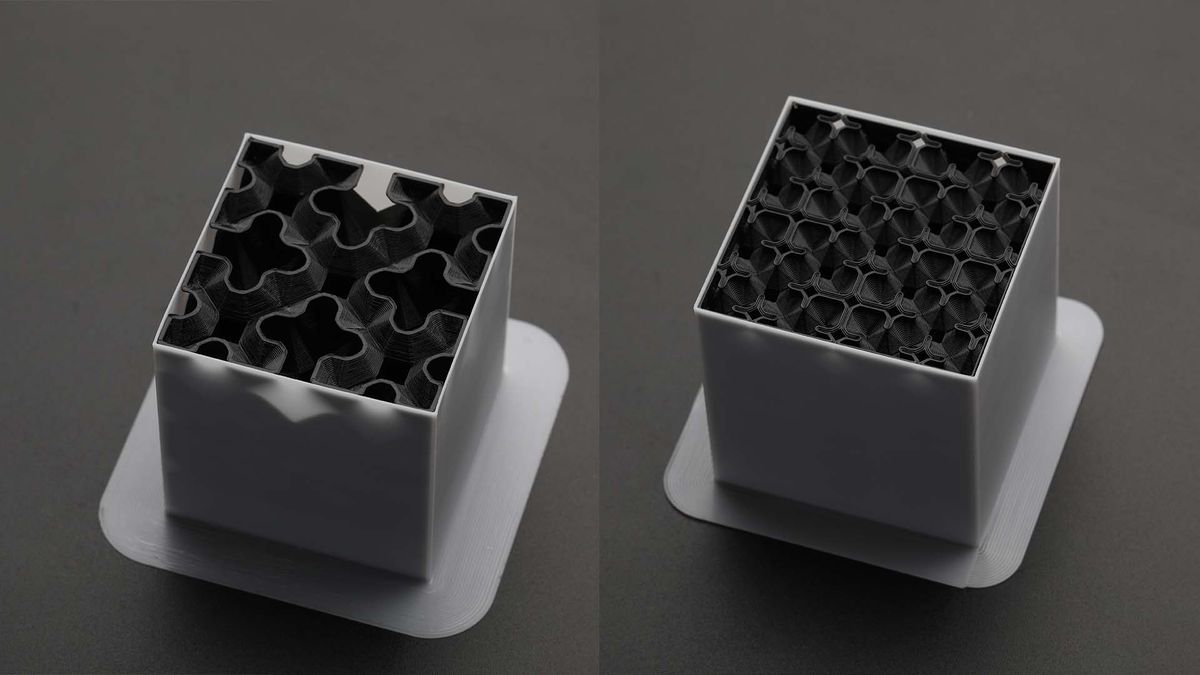 A side-by-side comparison of two 3D printed cubes, illustrating how different infill patterns and densities create varied internal structures for strength and support