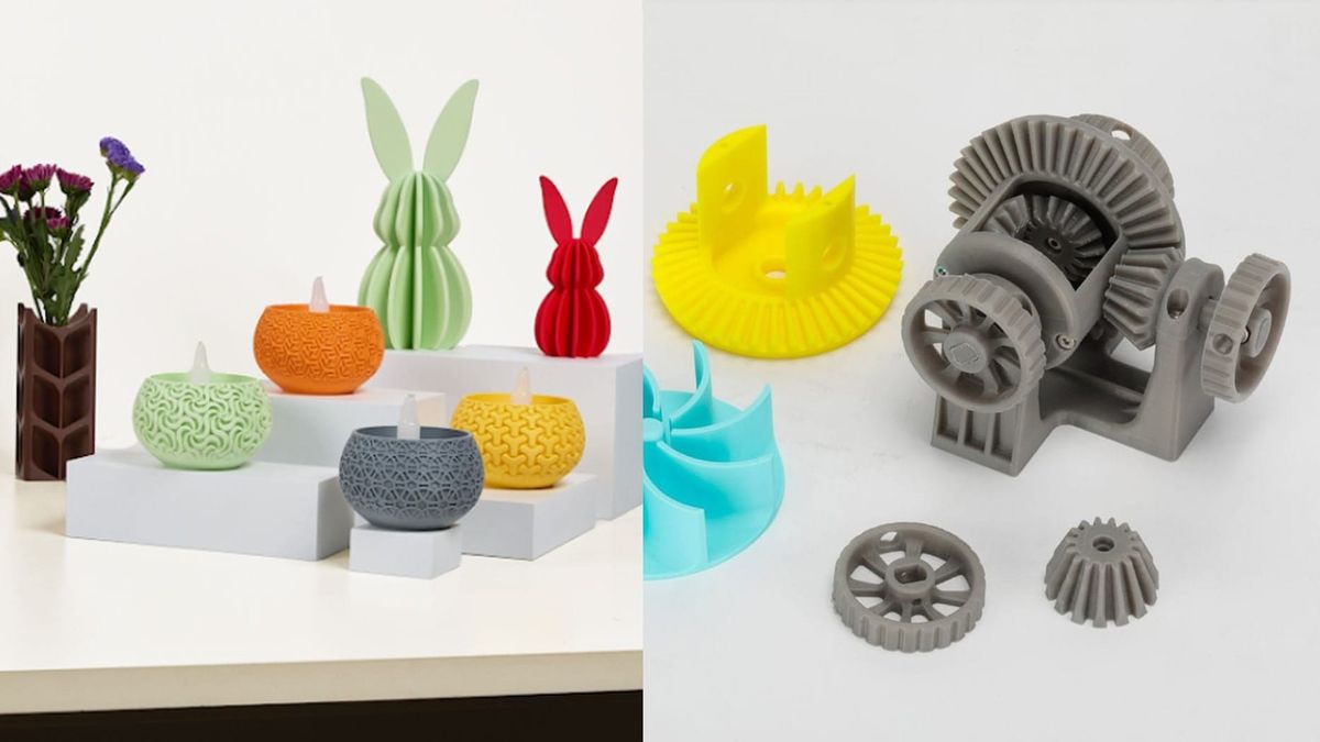 Comparison of 3D print finishes. Left: Colorful, decorative objects like vases and bunnies in matte PLA. Right: A functional gear system in standard, semi-gloss PLA.