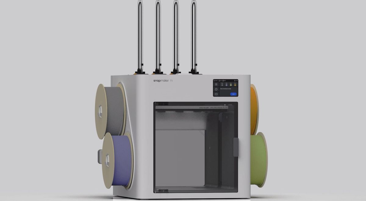 Snapmaker U1 3D printer with four spools of colorful filament attached to its sides, set against a clean, light gray background.
