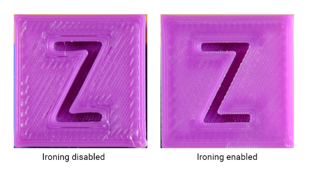  A before-and-after image demonstrating how enabling the ironing feature in 3D printing smooths out rough top layer lines for a much cleaner finish.