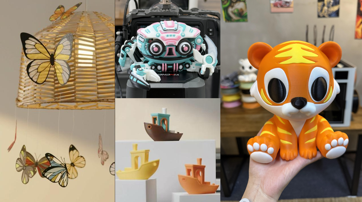 A collage showcasing a variety of impressive multicolor 3D prints, including a tiger cub, a cyber crab, a butterfly mobile, and Benchy boats.
