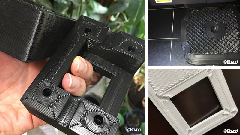 A collage showing three examples of 3D printer under-extrusion, featuring a black bracket with missing wall layers, a base layer with large gaps, and a white square with weak, spongy corners.