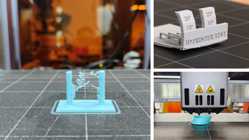 A collage illustrating common 3D printing failures, featuring a blue test model with severe stringing and a white calibration print suffering from bottom corner warping.