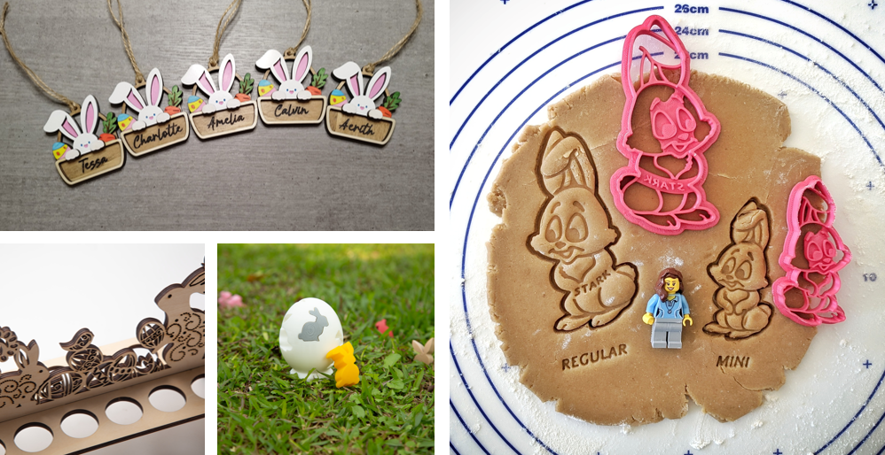custom, maker-crafted ideas for a junk-free Easter basket, wooden name tags, laser-cut egg display stand, a hollow 3D-printed egg toy, 3D-printed bunny cookie cutters pressing into dough.