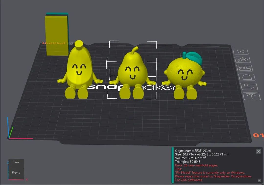 A 3D printing slicer software interface. Three yellow, cartoon-style pear-shaped characters with smiling faces are positioned on a virtual build plate, ready for slicing.