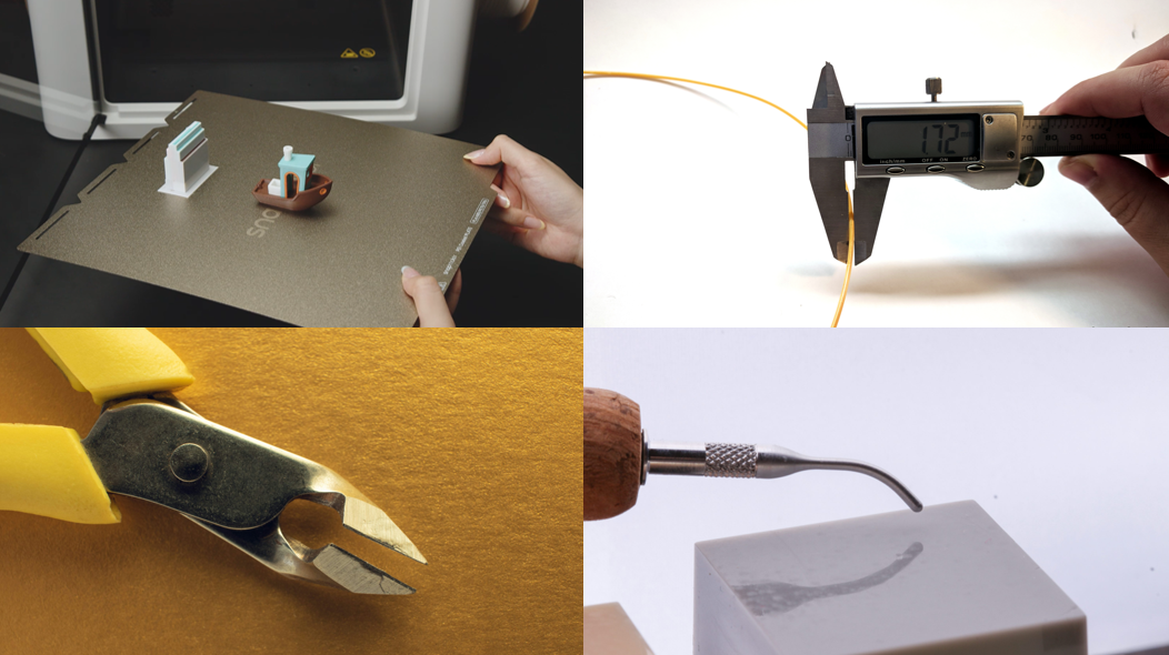 excellent gift ideas for 3D printing enthusiasts, including a flexible build plate with finished prints, digital calipers measuring filament, flush cutters, a deburring tool.