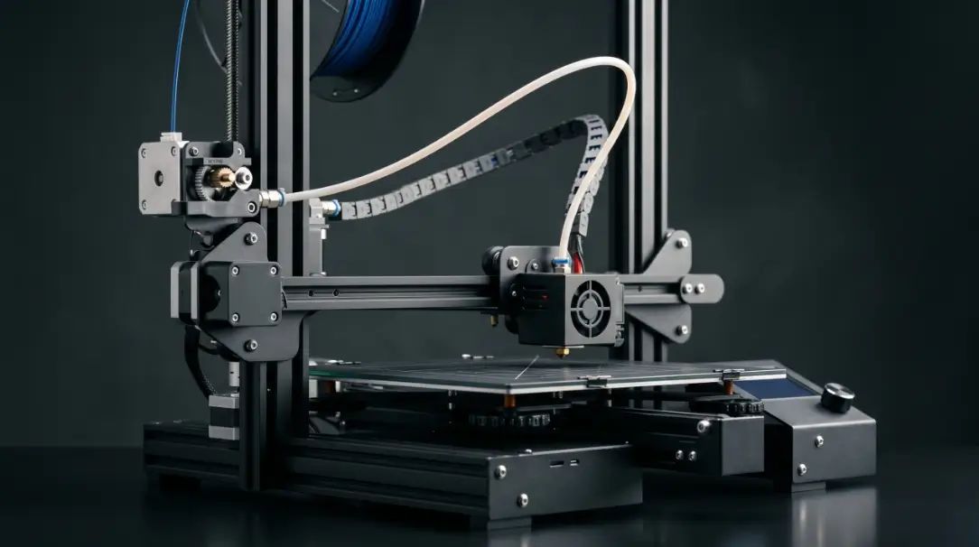 A traditional Bowden extruder setup, where the heavy motor is mounted securely on the printer's frame, away from the moving printhead.
