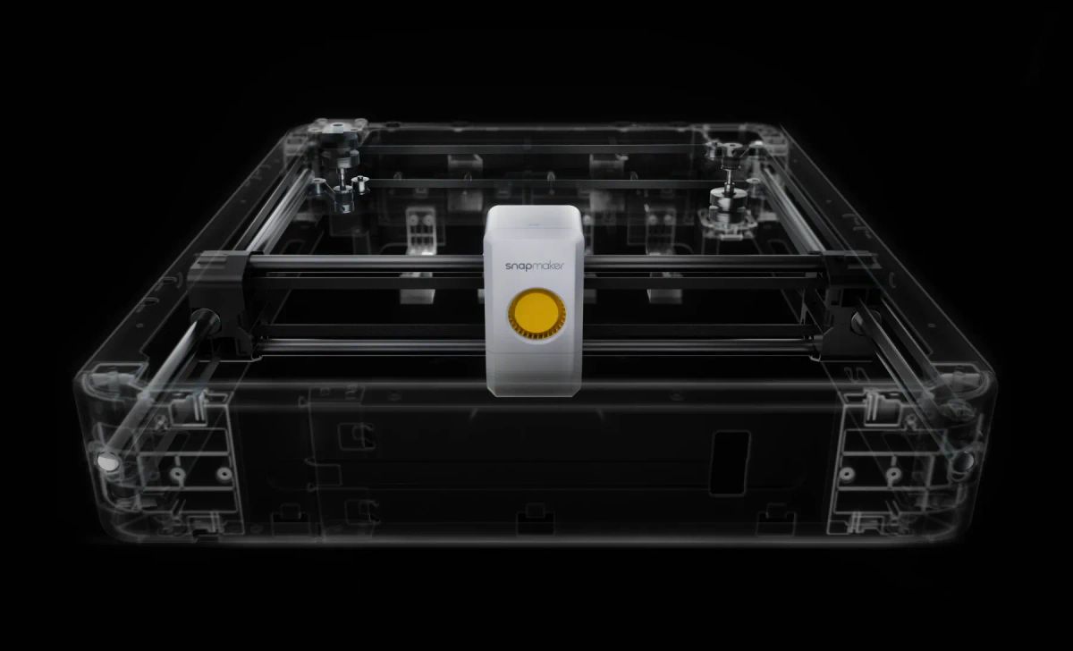 X-ray view of the Snapmaker U1 CoreXY 3D printer mechanism, showing stationary motors and linear rails for high-speed, precise printing.