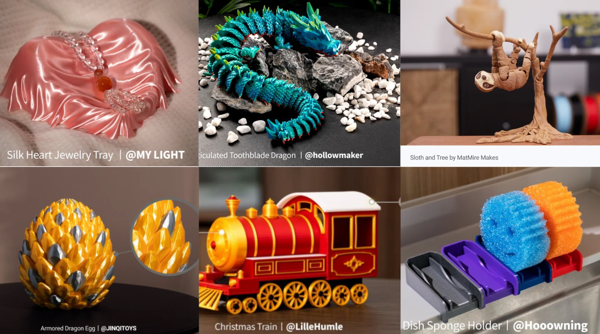 Collage of popular 3D printed items, including articulated toys, multi-color decor, and functional household organizers.