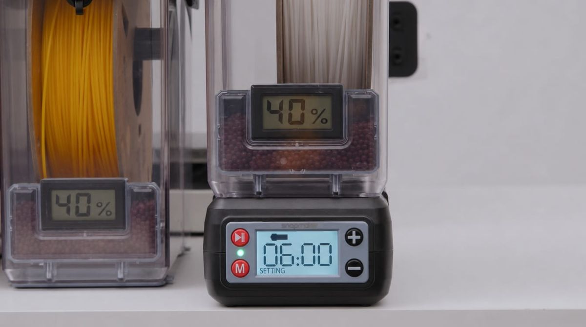 A close-up of a digital filament dryer interface set to a six-hour drying cycle, which is the recommended time limit to restore printability without causing thermal degradation.