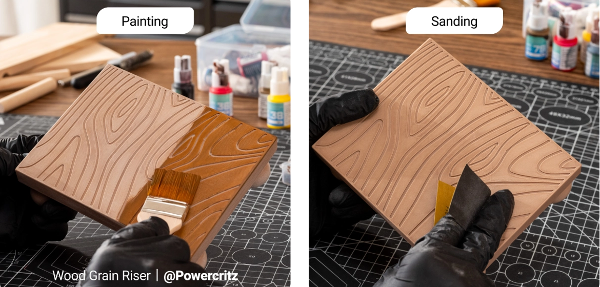 A progression demonstrates how to post-process a 3D-printed Wood PLA riser by sanding its textured surface, applying a dark wood stain, and utilizing the finished piece as a decor