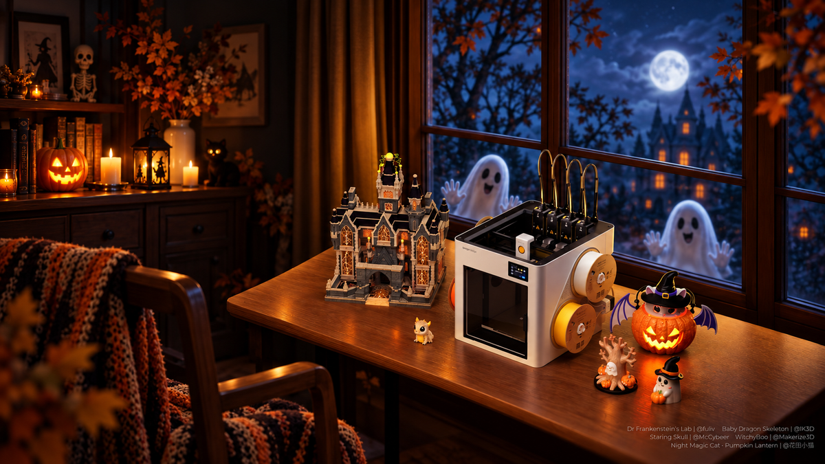 Halloween-themed 3D printing setup featuring a desktop 3D printer, illuminated haunted house model, glowing jack-o'-lantern, and spooky figurines beside a moonlit window with floating ghosts.