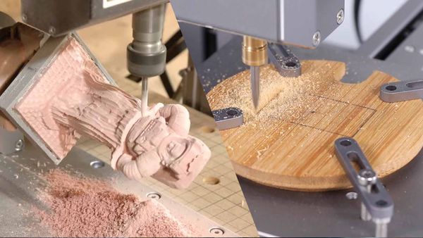 A split-screen image showing two key CNC milling processes: a machine carving a 3D astronaut figurine on the left and another engraving a flat wooden disc on the right.