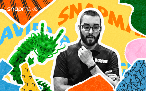 A graphic featuring Javier Rodríguez, the designer of the articulated dragon, in black and white against a vibrant, abstract background with "Snapmaker" text and a green 3D printed dragon.
