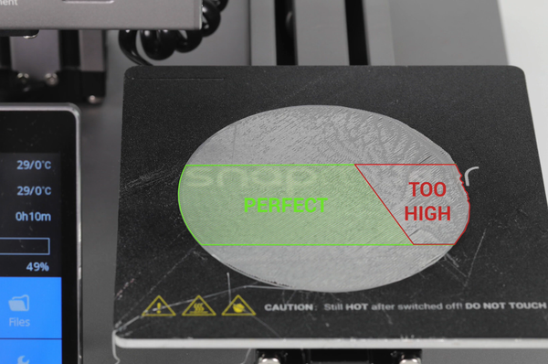 Example of a 3D printed first layer test showing a 'perfect' section and a 'too high' section, indicating nozzle height issues.