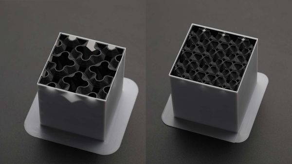 A side-by-side comparison of two 3D printed cubes, illustrating how different infill patterns and densities create varied internal structures for strength and support