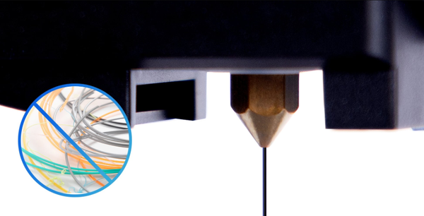 A close-up of a 3D printer nozzle extruding a thin line of filament, illustrating how correct flow rate prevents tangled filament and printing errors.