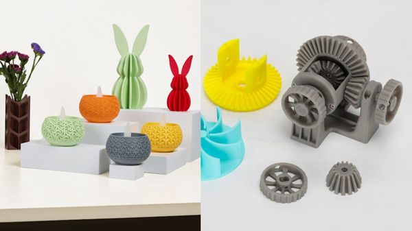 Comparison of 3D print finishes. Left: Colorful, decorative objects like vases and bunnies in matte PLA. Right: A functional gear system in standard, semi-gloss PLA.