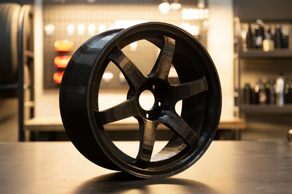 A full-scale, 3D-printed car wheel rim, showcasing how high-strength filaments can be used to create durable, functional prototypes.