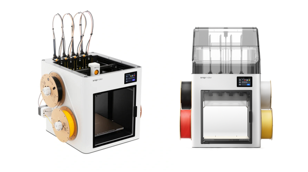 A Snapmaker U1 3D printer shown side-by-side, first with an open top and then with the add-on Top Cover, demonstrating how to convert it to a fully enclosed machine.