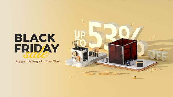 A Snapmaker Artisan 3-in-1 3D printer and a U1 multi-color 3D printer module displayed on a platform, with "Black Friday sale" text.