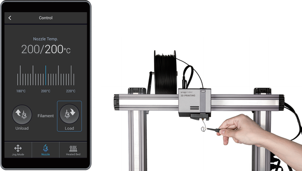 A hand uses a fine cleaning needle, with a twisting motion, to clear a clog from the nozzle of a Snapmaker 3D printer.