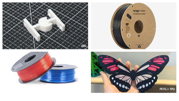 a white 3D printed ABS mechanical part, a spool of black Snapmaker ABS filament, two spools of red and blue filament, and a hand holding a multi-material PETG and TPU butterfly print.