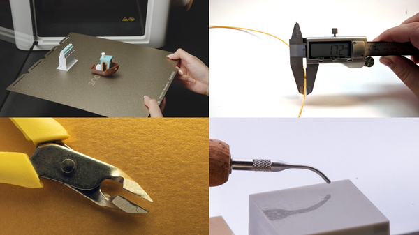 excellent gift ideas for 3D printing enthusiasts, including a flexible build plate with finished prints, digital calipers measuring filament, flush cutters, a deburring tool.