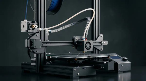 A traditional Bowden extruder setup, where the heavy motor is mounted securely on the printer's frame, away from the moving printhead.