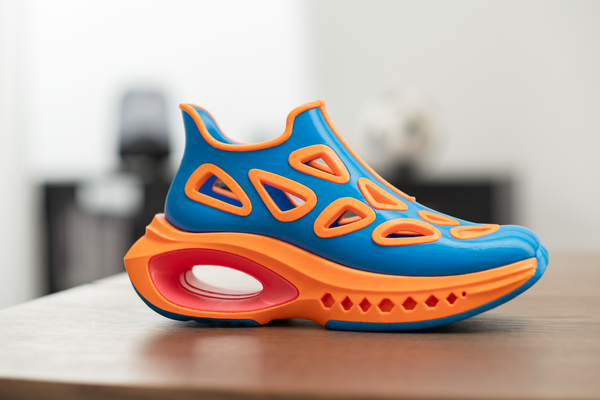 A finished, flexible 3D-printed shoe featuring a bright blue upper and chunky orange sole sits on a wooden desk.