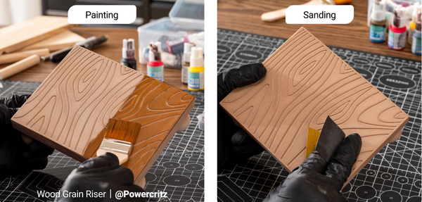 A progression demonstrates how to post-process a 3D-printed Wood PLA riser by sanding its textured surface, applying a dark wood stain, and utilizing the finished piece as a decor