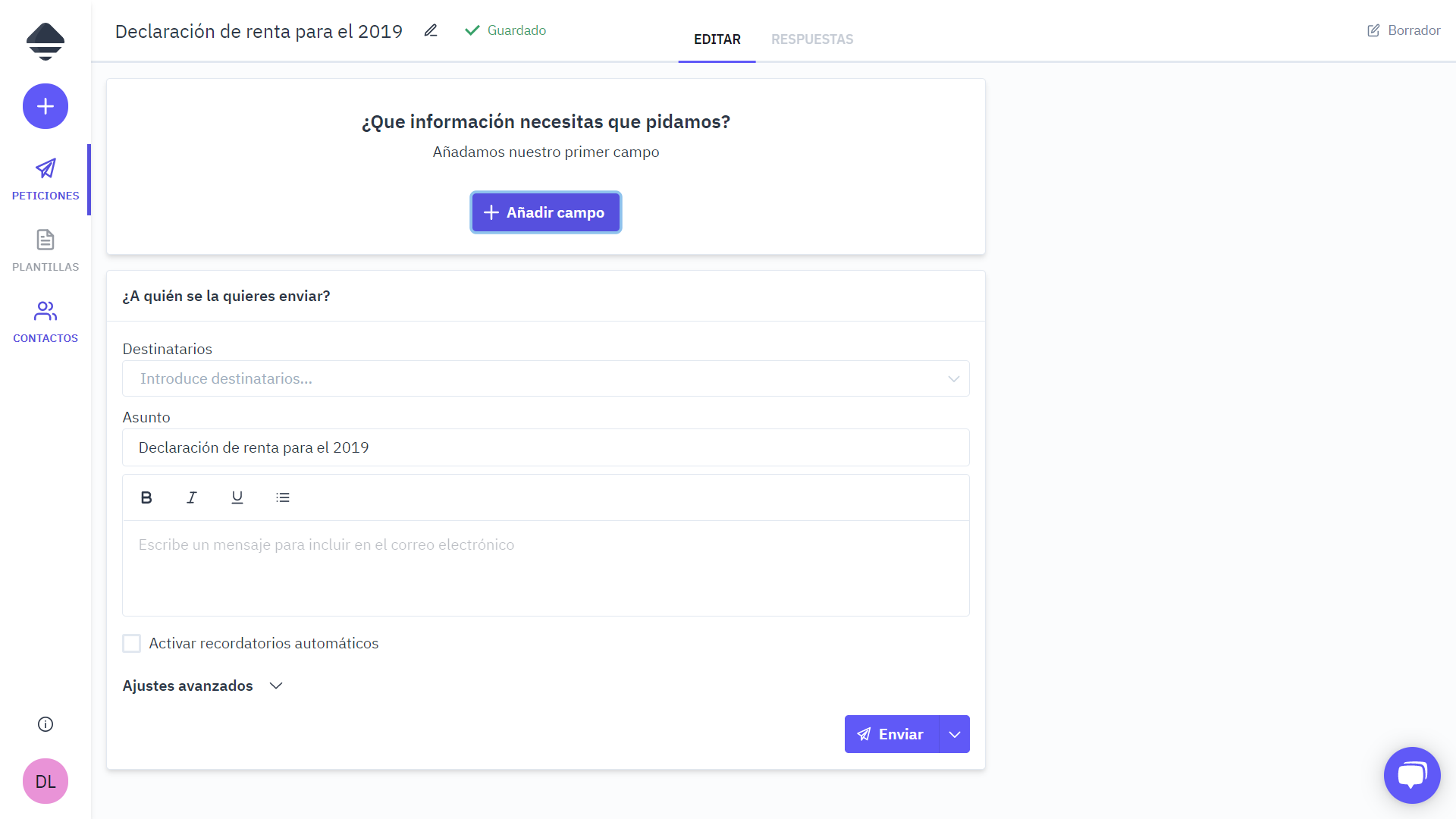 Selecciona el botón de "Añadir campo" para incluir los documentos que necesitas.