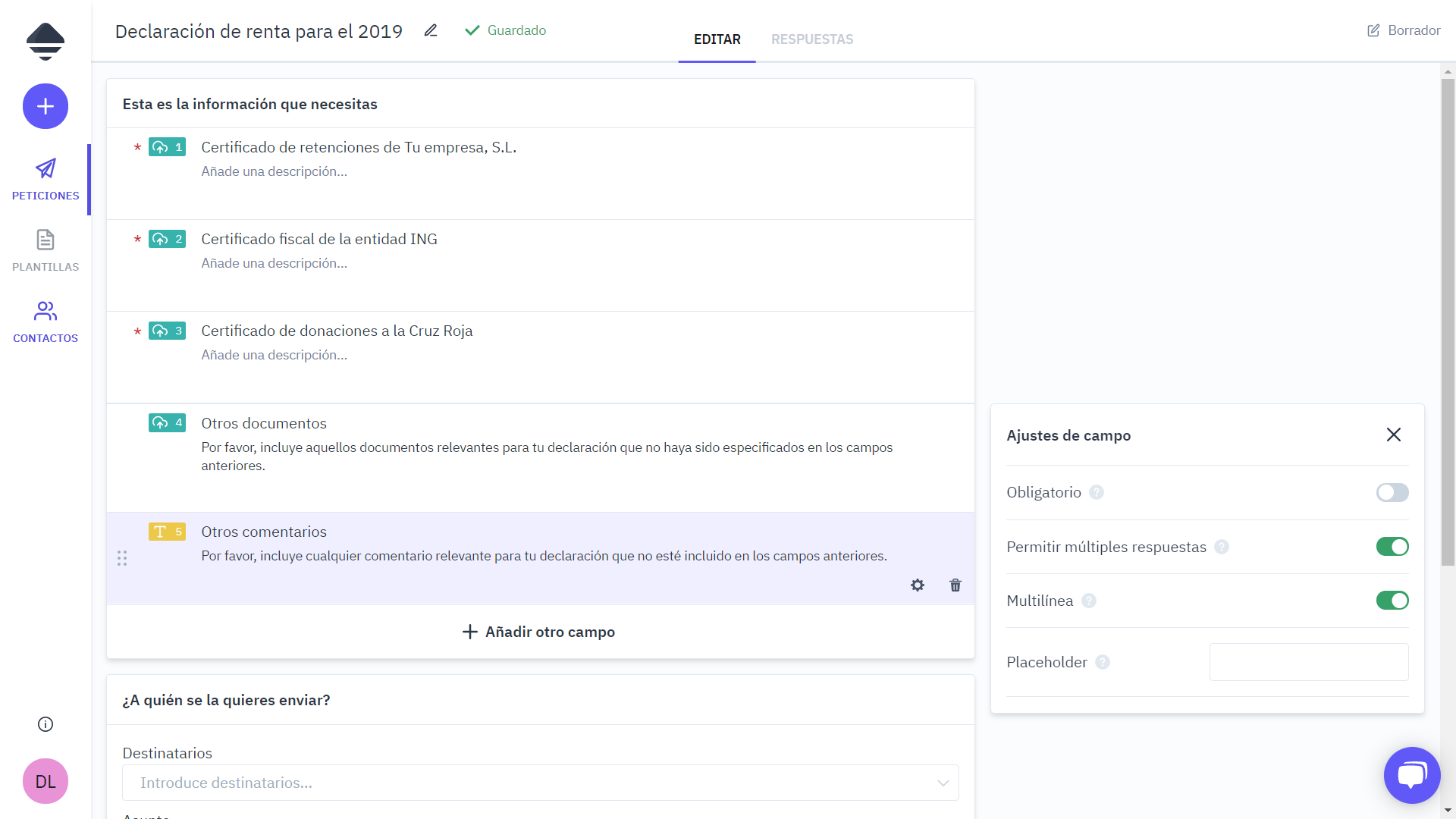 Introduce todos los documentos que necesites en el listado.