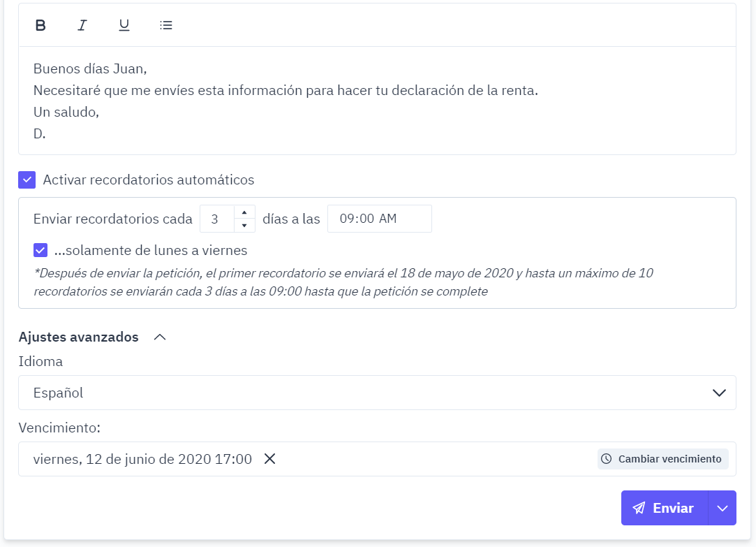 Configura los recordatorios automáticos, el idioma y el deadline para tu cliente.
