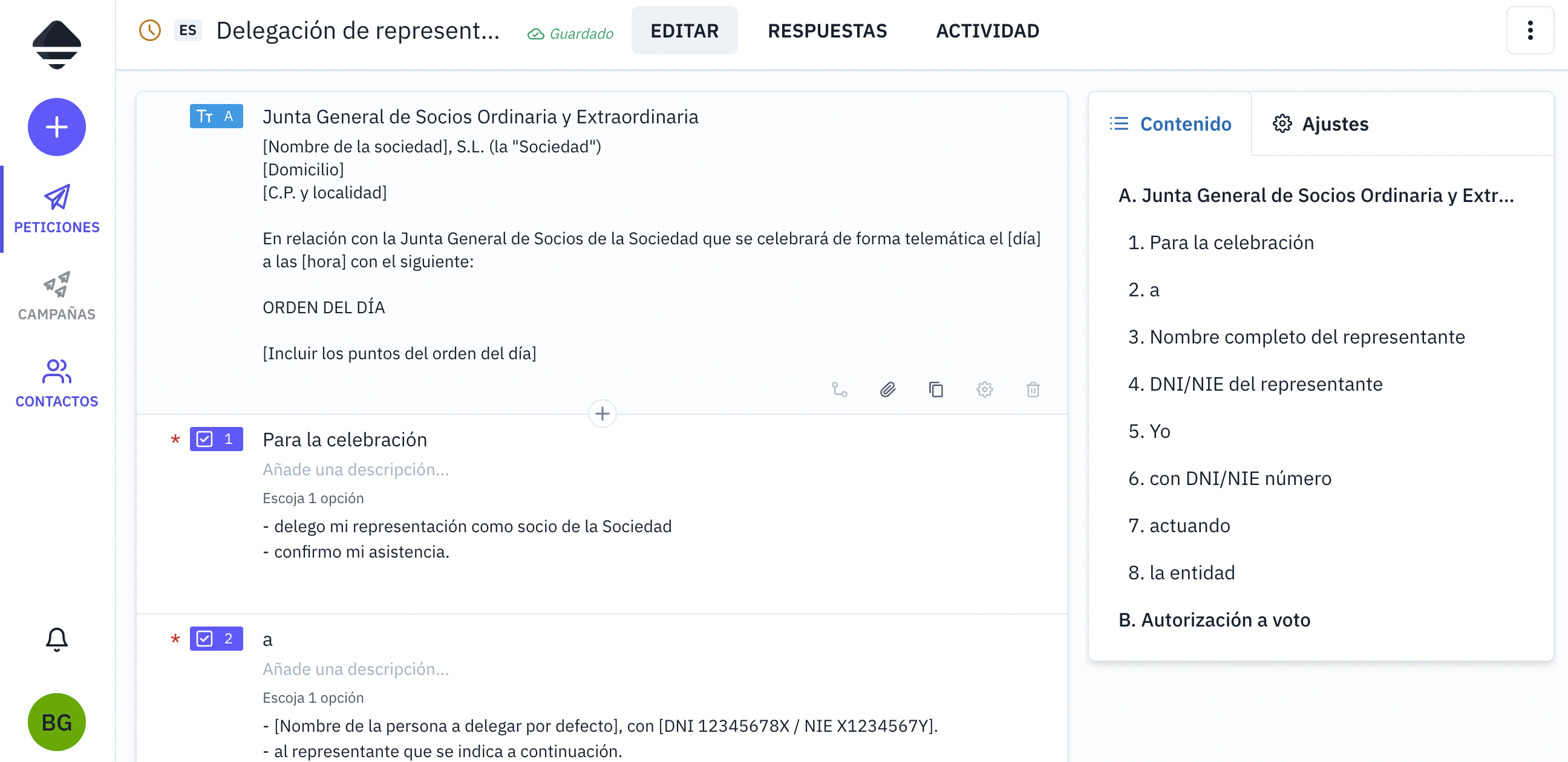 Plantilla proxy delegación de voto Junta General de socios