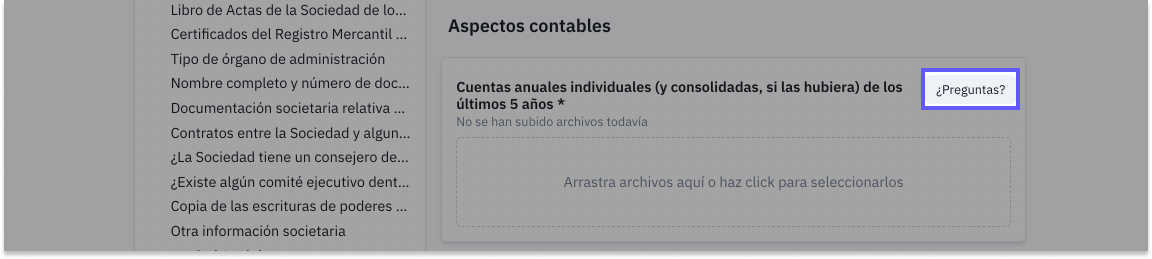 Preguntas comentarios o Q&A en una checklist o listado de due diligence